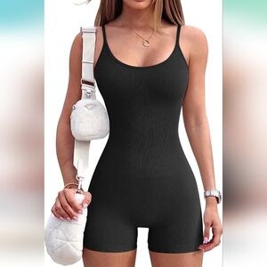 *QQQ Women Workout Seamless Jumpsuit Yoga Ribbed Bodycon Spaghetti Strap.